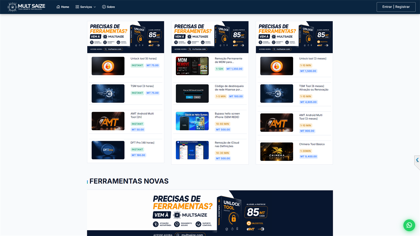 Website da MULTSAIZE com menu, categorias e catálogo de ferramentas e serviços digitais.